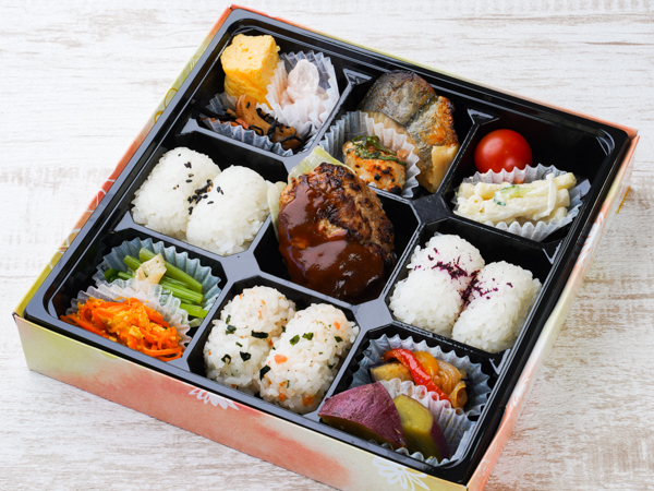 一口ハンバーグと彩りおかずの俵おにぎり弁当