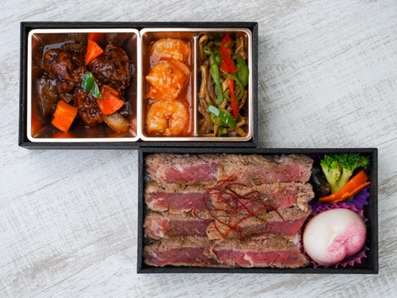 【贅沢二段弁当】サーロインステーキ＆人気中華御膳（黒）