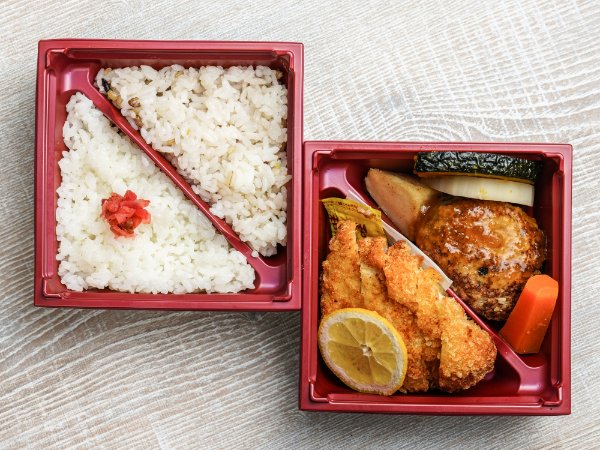 豆腐入り手ごねハンバーグと三元豚ロースカツの二段弁当