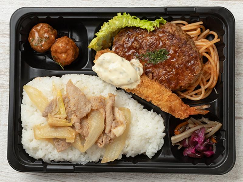 海老フライ＆ハンバーグと豚生姜焼きのせご飯弁当