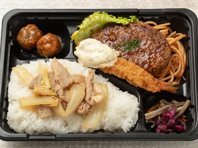 海老フライ＆ハンバーグと豚生姜焼きのせご飯弁当
